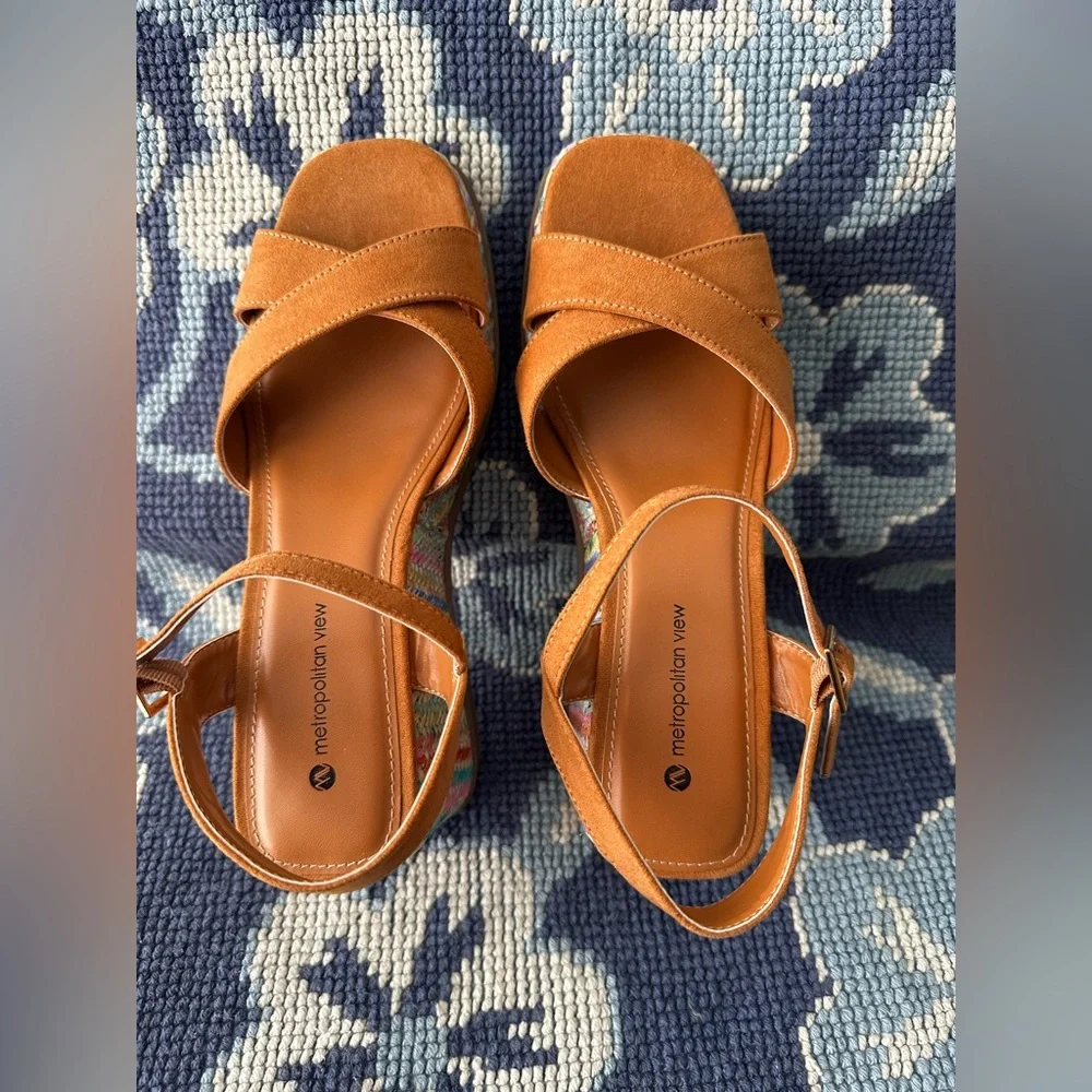 Metropolitan View Tan Wedge Sandals Boho Woven Platform Ankle Strap